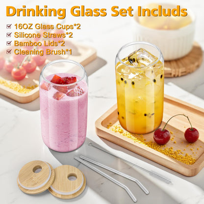 sungwoo 4PCS Glass Cups with Bamboo Lids and Straws, 16OZ Ice Coffee Cup, Drinking Cup set with Wooden Lids, Home Essential Glass Tumblers for Beer, Cocktail, Tea and Latte Clear