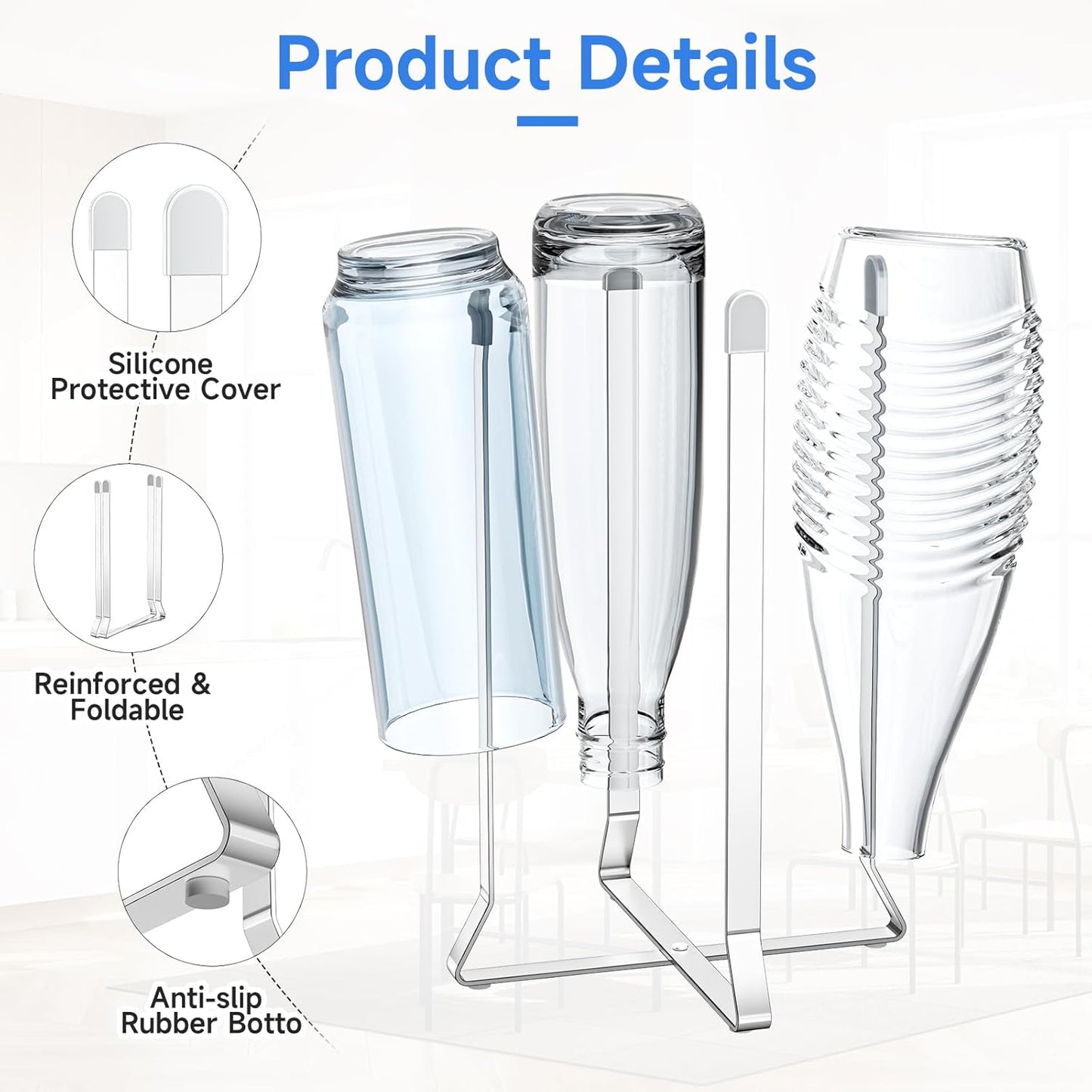 Foldable Water Bottle Drying Rack, Stainless Steel Tumbler Dryer Stand for Kitchen Counter, Multifunctional Space-Saving Cup Drainer for Water Bottles, Baby Bottles, Glasses & Reusable Bags (Silver)