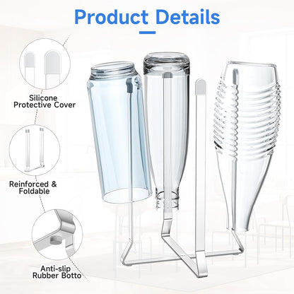 Foldable Water Bottle Drying Rack, Stainless Steel Tumbler Dryer Stand for Kitchen Counter, Multifunctional Space-Saving Cup Drainer for Water Bottles, Baby Bottles, Glasses & Reusable Bags (Silver)