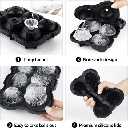 Ice Cube Tray, Mikiwon 2 inch Rose Ice Cube Trays With Covers, 3 Cavity Silicone Rose Ice Tray & 3 Diamond Ice Ball Maker, Easy Release Large Ice Cube Form for Chilled Cocktails, Whiskey Juice Black