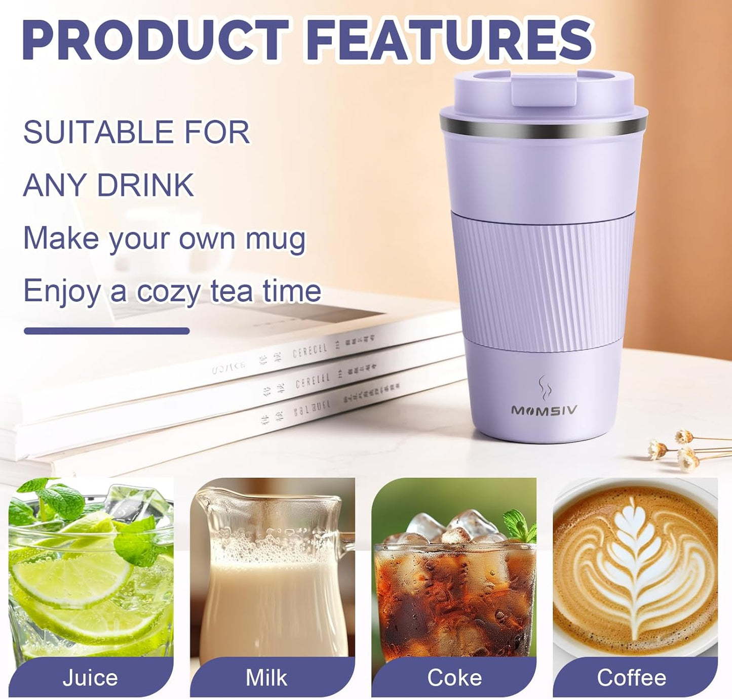 MOMSIV 12oz Travel Mug, Insulated Coffee Cup with Leakproof Lid, Travel Coffee Mug Vacuum Stainless Steel Double Walled Reusable Coffee Cup for Hot and Cold Water Coffee