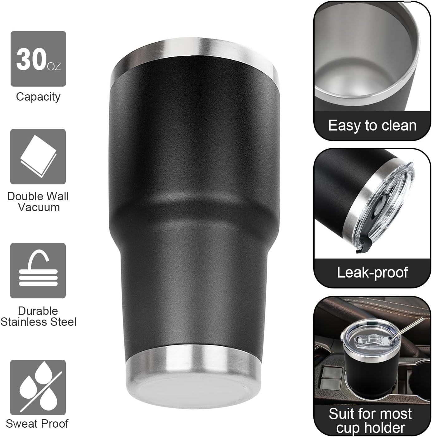 20oz Tumbler with Lid and Straw Double Wall Powder Coated Vacuum Insulated Coffee Tumbler Stainless Steel Insulated Travel Coffee Mug Spill-Proof Thermal Cup for Hot and Cold Beverage,Black