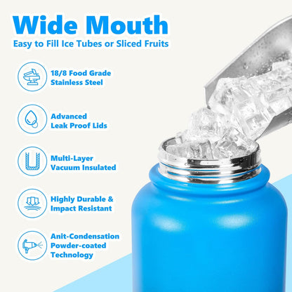 Insulated Water Bottle with Lid & Boot & Stickers, 24 oz Stainless Steel Sweat Free Bottle Keep Cold 24H, BPA-Free Sports Wide Mouth Water Bottle, BlueBlack