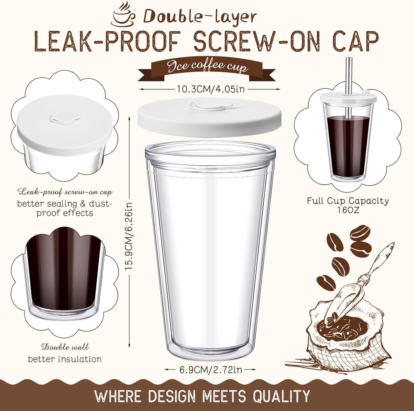 Honeydak 4 Pack 24 oz Reusable Iced Coffee Cups with Lids and Straws Leakproof Double Wall Insulated Clear Plastic Iced Coffee Tumblers with Straw Brushes