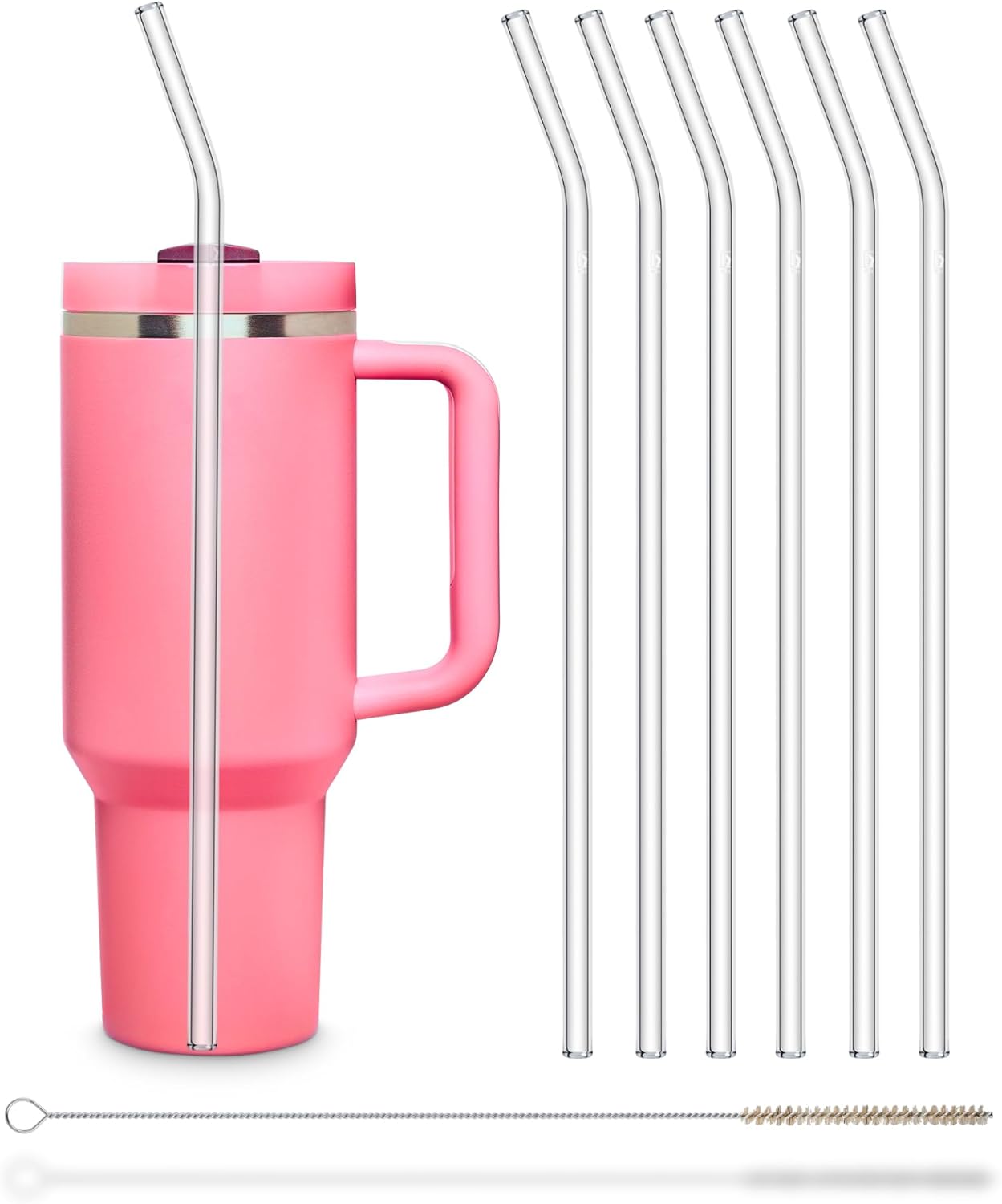 Halm Glass Straws - 6 Long 12 inch Bent Stanley Cup Replacement Drinking Straws + Plastic-Free Cleaning Brush - Perfect for Bottles & Quencher - Made in Germany - Dishwasher Safe - Eco-Friendly