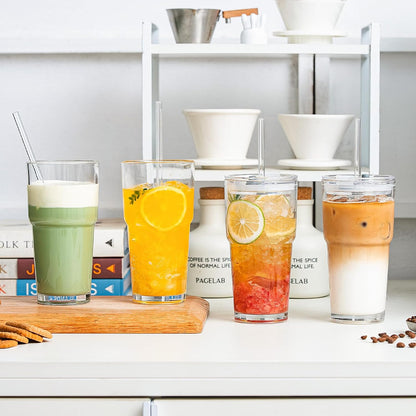 SoulTimes 20oz Glass Cups with Lids and Straws, Ribbed Glass Tumbler for Iced Coffee, Smoothie, Juice & Cold Drinks, Reusable Thick Glassware Set, Elegant Home & Travel Drinkware【2 Pack】