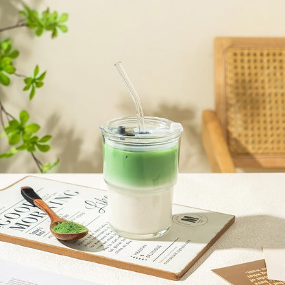 Olvini 13oz Glass Tumbler with Straw and Lid, Reusable Iced Coffee Cup Tumbler, Cute Glass Cups for Water, Matcha, Travel Coffee Mugs (Daisy)