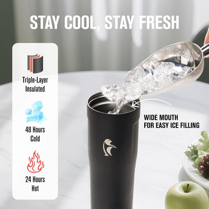 Coolflask Water Bottle 40 oz Fits Car Cup Holder, Slim Tumbler Stainless Steel with Straw & Handle, Vacuum Flask Leakproof Wide Mouth for Travel Sports Gym, Black