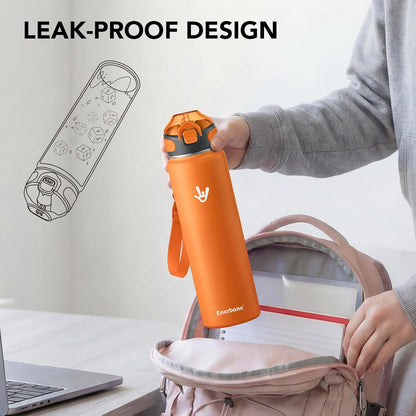 Enerbone 24 oz Insulated Water Bottle, Stainless Steel Bottle with Carrying Strap, Double-Wall Vacuum Insulation Design, Leakproof Sports Bottle with Straw, Keep Drinks Cold or Hot for Hours
