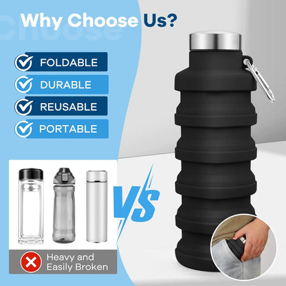 Collapsible Water Bottles 17oz, Portable Leak-Proof Travel Water Bottle, Reusable BPA Free Silicone Foldable Water Bottle with Carabiner for Gym, Traveling, Camping, Hiking, Sports(Black+Blue)