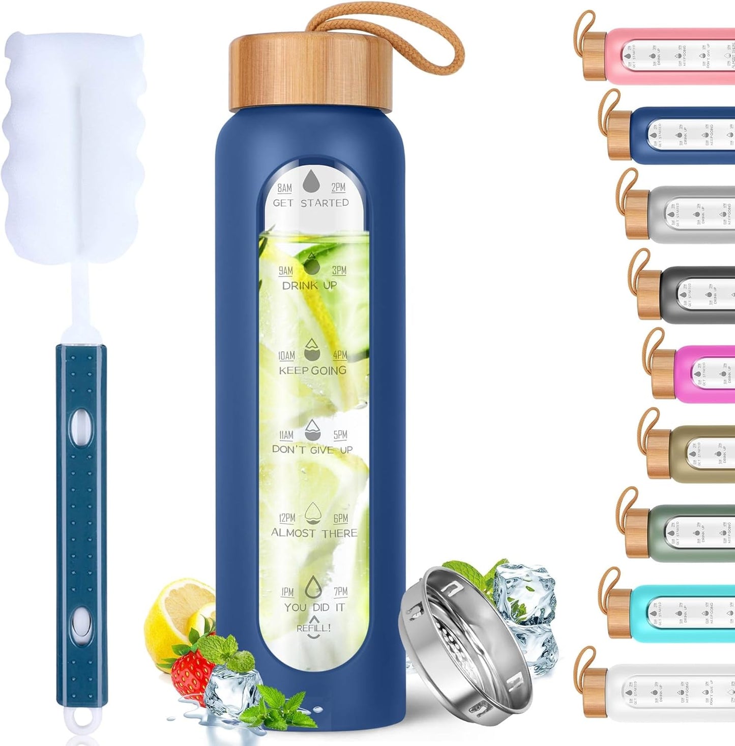 Aqulea Glass Water Bottles 25 Oz with Silicone Sleeve - BPA Free Reusable Wide Mouth Glass Motivational Water Bottles with Fruit Infuser – Leak Proof Borosilicate Water Bottle with Time Marker (White)