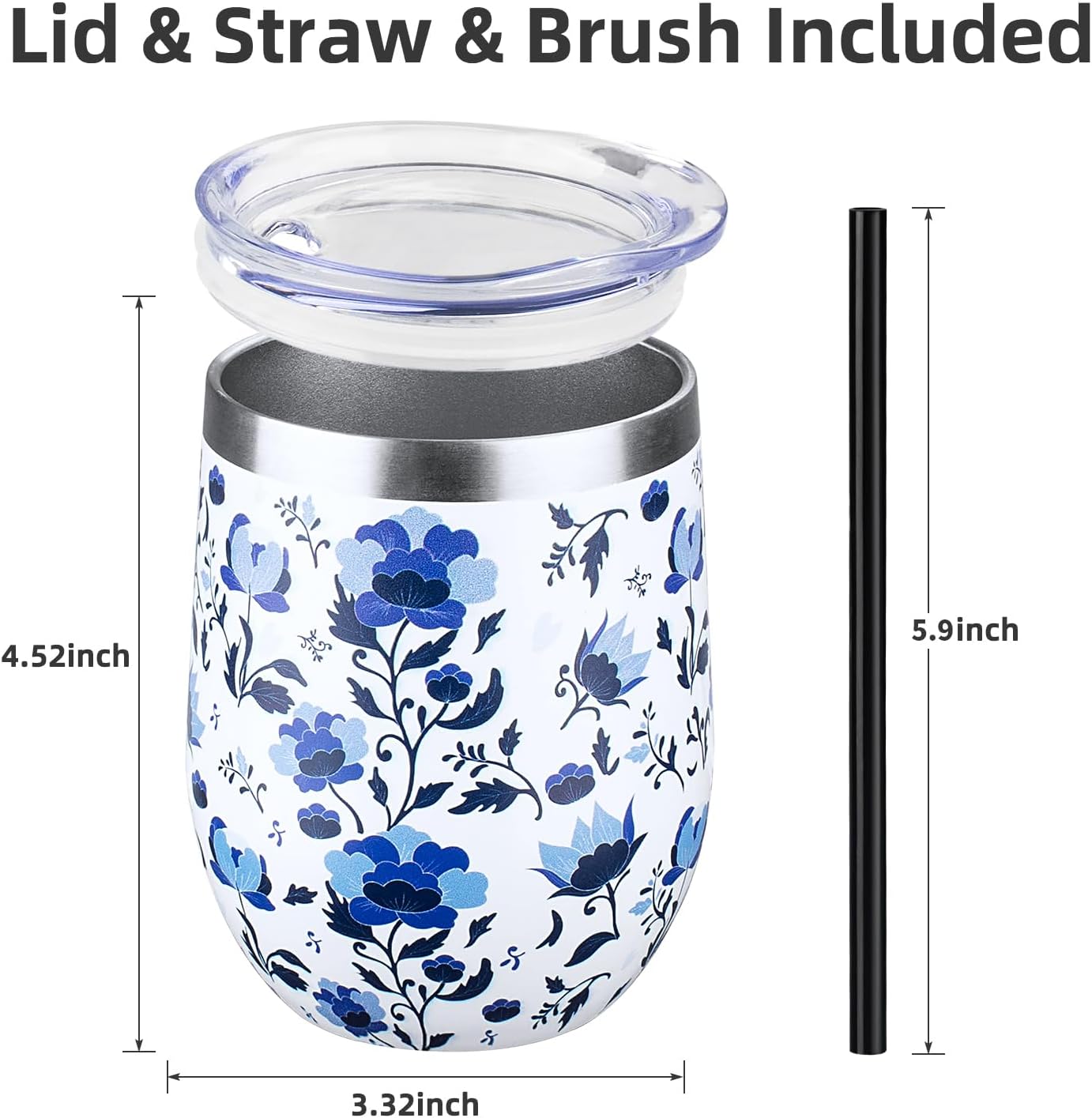 12 oz Insulated Wine Tumbler with Lid and Straw,Stainless Steel Stemless Wine Tumbler Glasses Double Wall Vacuum Wine Cups Tumbler for Coffee,Champaign,Cocktail,Office（Silver,1）