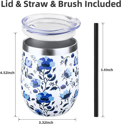 12 oz Insulated Wine Tumbler with Lid and Straw,Stainless Steel Stemless Wine Tumbler Glasses Double Wall Vacuum Wine Cups Tumbler for Coffee,Champaign,Cocktail,Office（Silver,1）