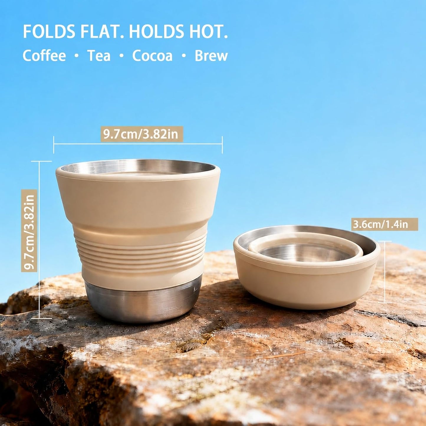 Ultralight Collapsible Travel Cup 16 oz, BPA Free Silicone & Stainless Steel Camping Mug, Foldable Portable Cup for Hiking, Backpacking, Outdoor Coffee Mug (Khaki)