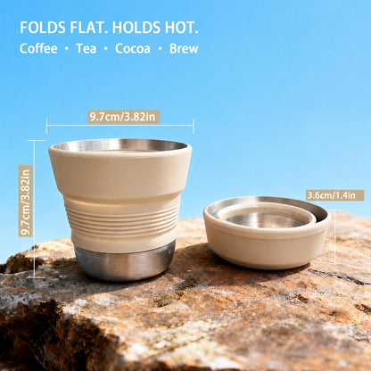 Ultralight Collapsible Travel Cup 16 oz, BPA Free Silicone & Stainless Steel Camping Mug, Foldable Portable Cup for Hiking, Backpacking, Outdoor Coffee Mug (Khaki)