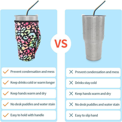 Reusable Iced Coffee Cup Sleeve Neoprene Insulated Sleeves Cup Holder with handle Idea for 30oz - 32oz Tumbler Cups, Protein Shake Bottles(Only Cup Sleeves), Black - Colors A