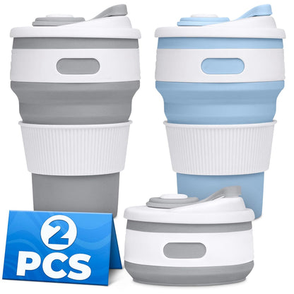 2-Pack Collapsible Cups for Traveling Reusable – 11oz Leakproof Coffee Travel Mug, Silicone, Foldable and Portable for Hiking, Camping, Office | Lightweight and Collapsible Coffee Cups for Outdoor Use