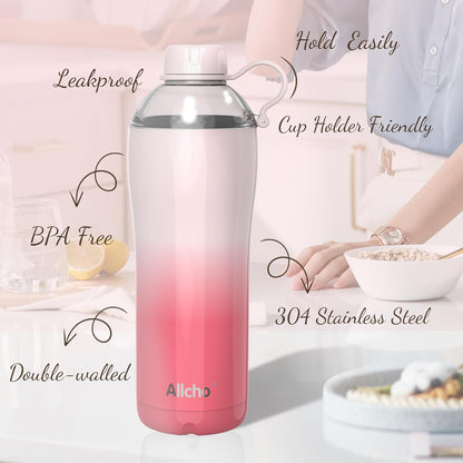 Allcho Insulated Water Bottle for Women, 18oz Stainless Steel Leak Proof Tumbler with 2 Lids, BPA-Free Tritan Chug & Straw Lid, Double Wall Vacuum Flask