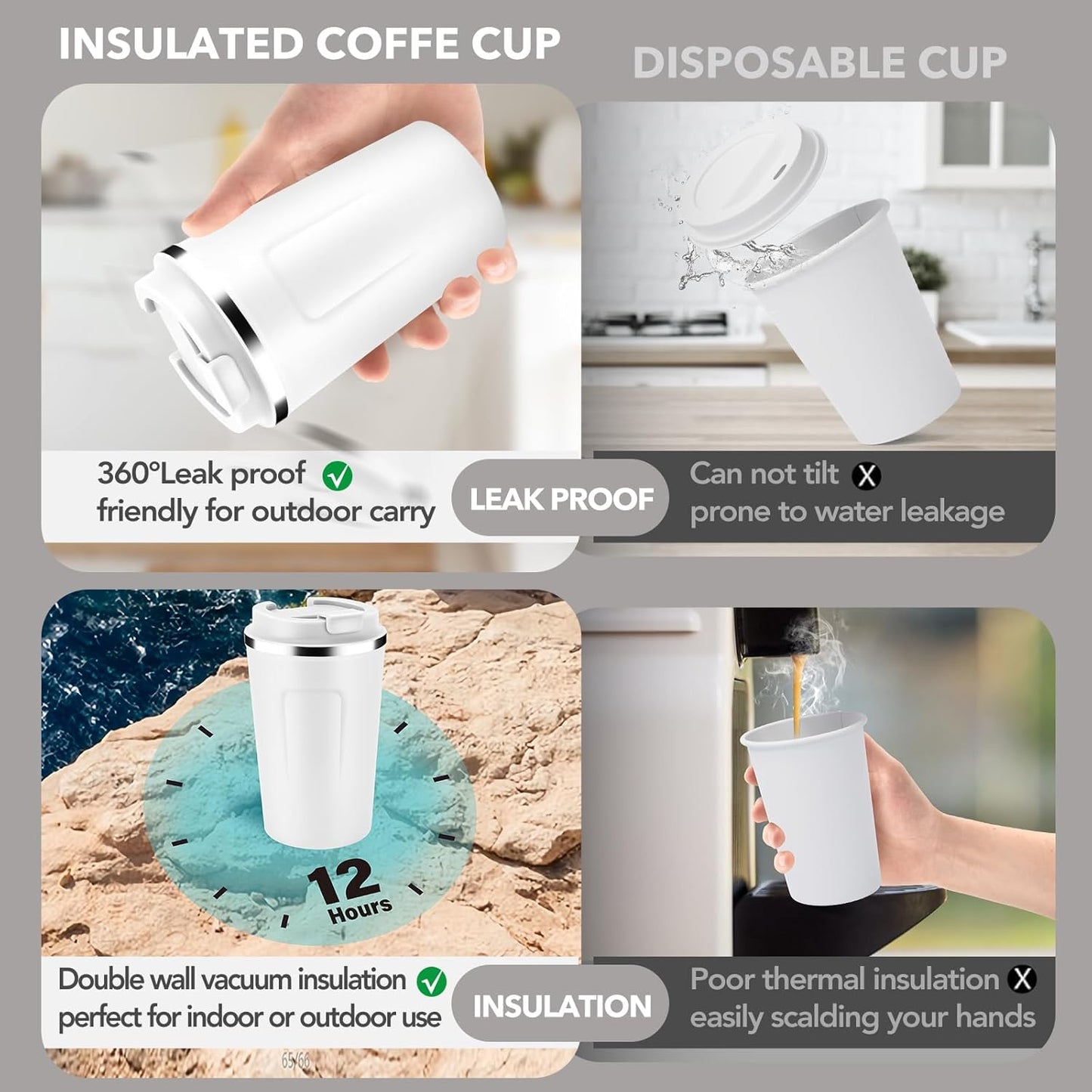 Volhoply 12 oz Double Wall Insulated Vacuum Travel Coffee Mugs with Flip Lid Bulk 2 Pack,Reusable Stainless Steel Leak Proof Coffee Cup,Portable Cafe Thermal Tumbler for Hot & Cold Drinks(Mix,2 Set)