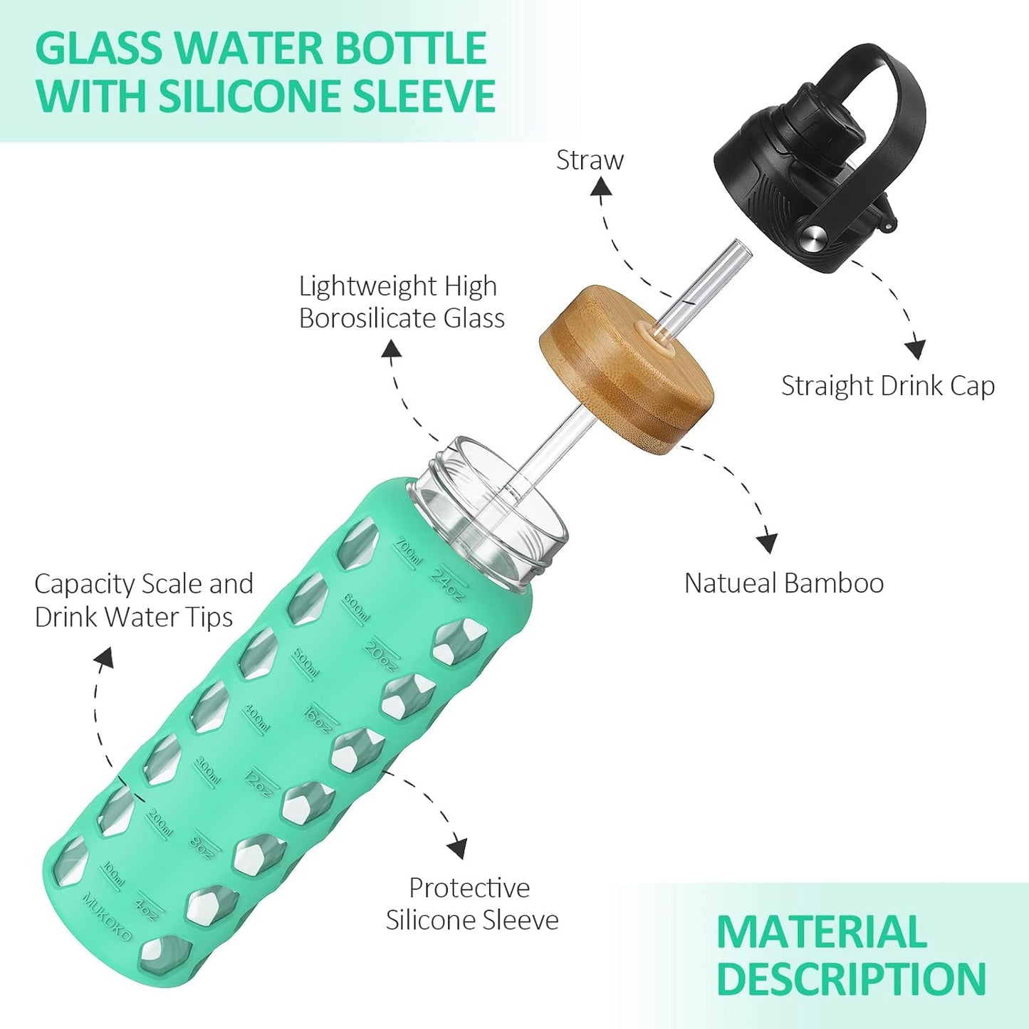 MUKOKO Glass Water Bottles, 32oz Glass Tumbler with Straw, Drinking Bottles with 2 Lids-Handle Spout Lid&Bamboo Straw Lid, Motivational Water Bottle with Time Marker and Silicone Sleeve, 1 Pack-Olive