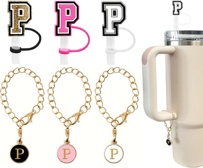 （3 +3) 3PCS Nuozme Straw Cover 10mm For Stanley Tumbler Cup Reusable Straw Cap Topper with 3 Initial Letter Charms Accessories Name ID Personalized Handle Charm For Stanley 30&40 Oz Cup Tumbler - Colors A