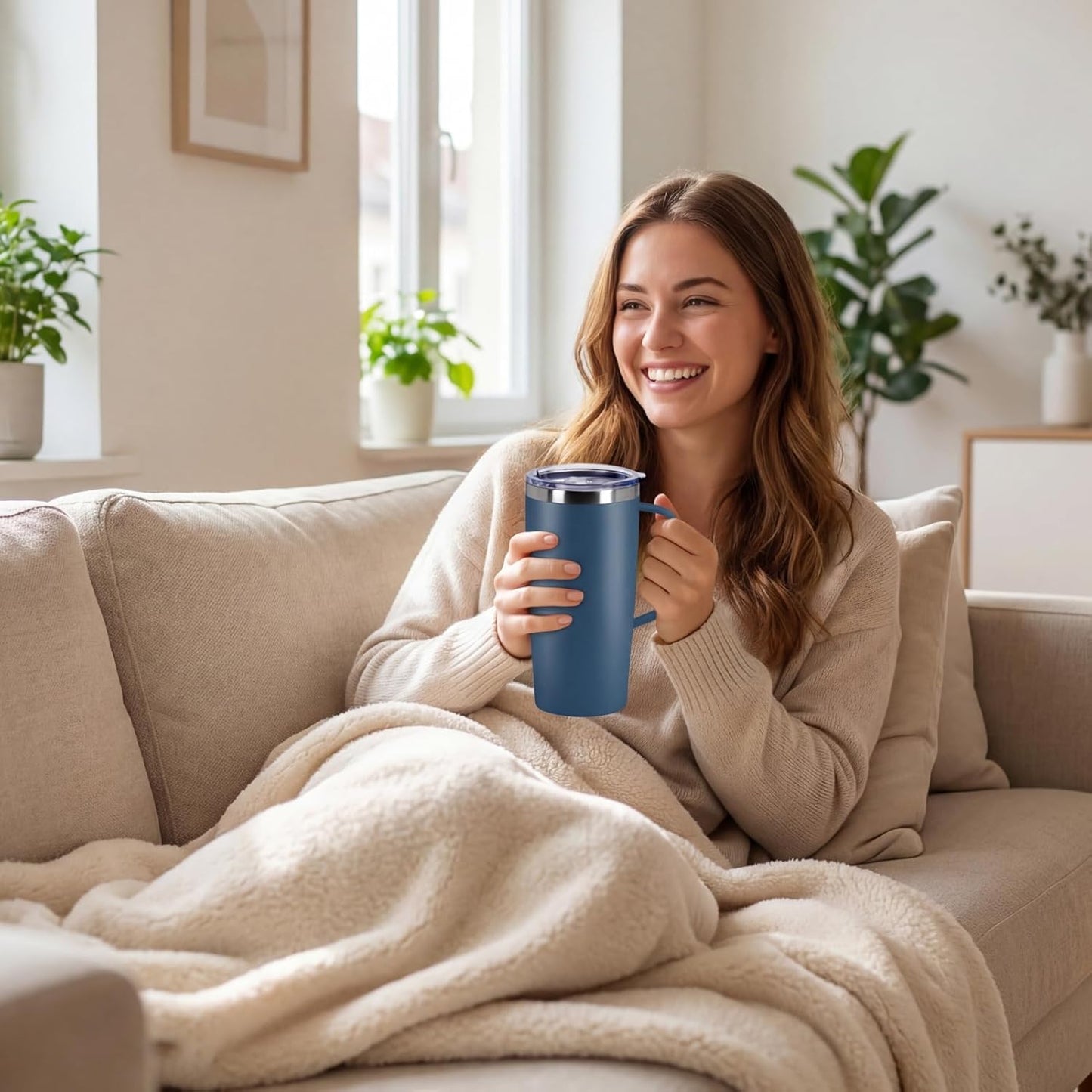 Trwcrt 19oz Insulated Coffee Mug with Handle, Double Wall Vacuum Stainless Steel Travel Coffee Tumbler, Blue