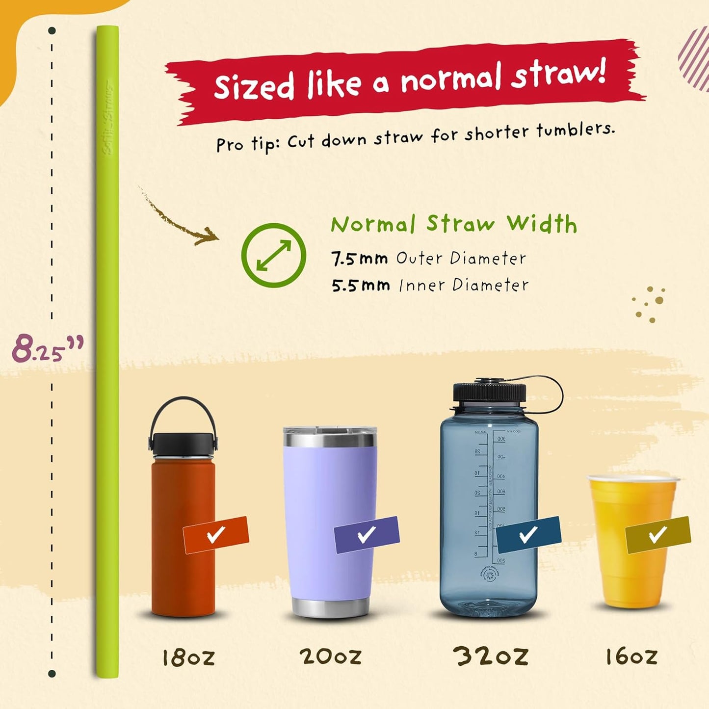 Silicone Straws - Slender Size BPA Free Non-Rubber Silicon Reusable Drinking Straws for Stainless Steel 20 oz Yeti Tumbler - Flexible, Chewy, Bendy & Safe for Kids/Toddlers