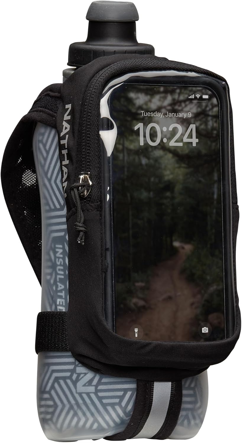 Nathan SpeedDraw 2 Insulated Handheld Running Water Bottle Flask 18oz – Double-Wall Insulation, Ergonomic Grip, Blast Valve Cap, Phone & Key Storage Pockets, Reflective Design