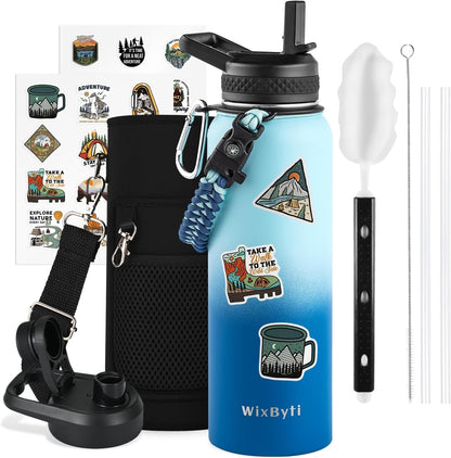WixByti 40 oz Insulated Water Bottle with Straw (Cold for 36 Hrs), Stainless Steel Triple Wall Vacuum Sports Water Jug, Leakproof Hydro Cup Flask with Paracord Handle & Straw Spout Lids & DIY Stickers
