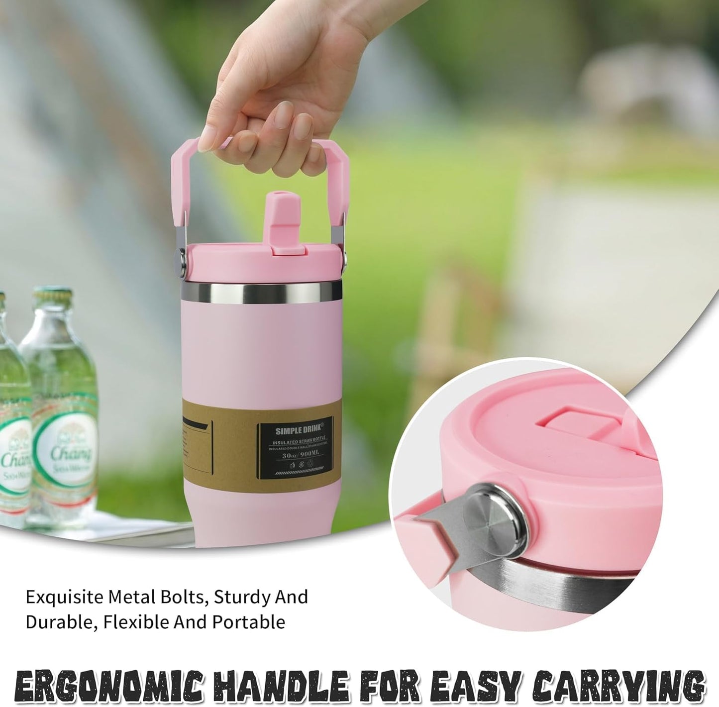 30oz Flip Straw Insulated Water Bottle with Handle, Leak Proof Stainless Steel Travel Tumbler With Lid, Double Wall Vacuum Iced Coffee Travel Mug, Sport Cup, Outside use