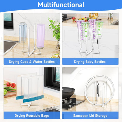 Foldable Water Bottle Drying Rack, Stainless Steel Tumbler Dryer Stand for Kitchen Counter, Multifunctional Space-Saving Cup Drainer for Water Bottles, Baby Bottles, Glasses & Reusable Bags (Silver)