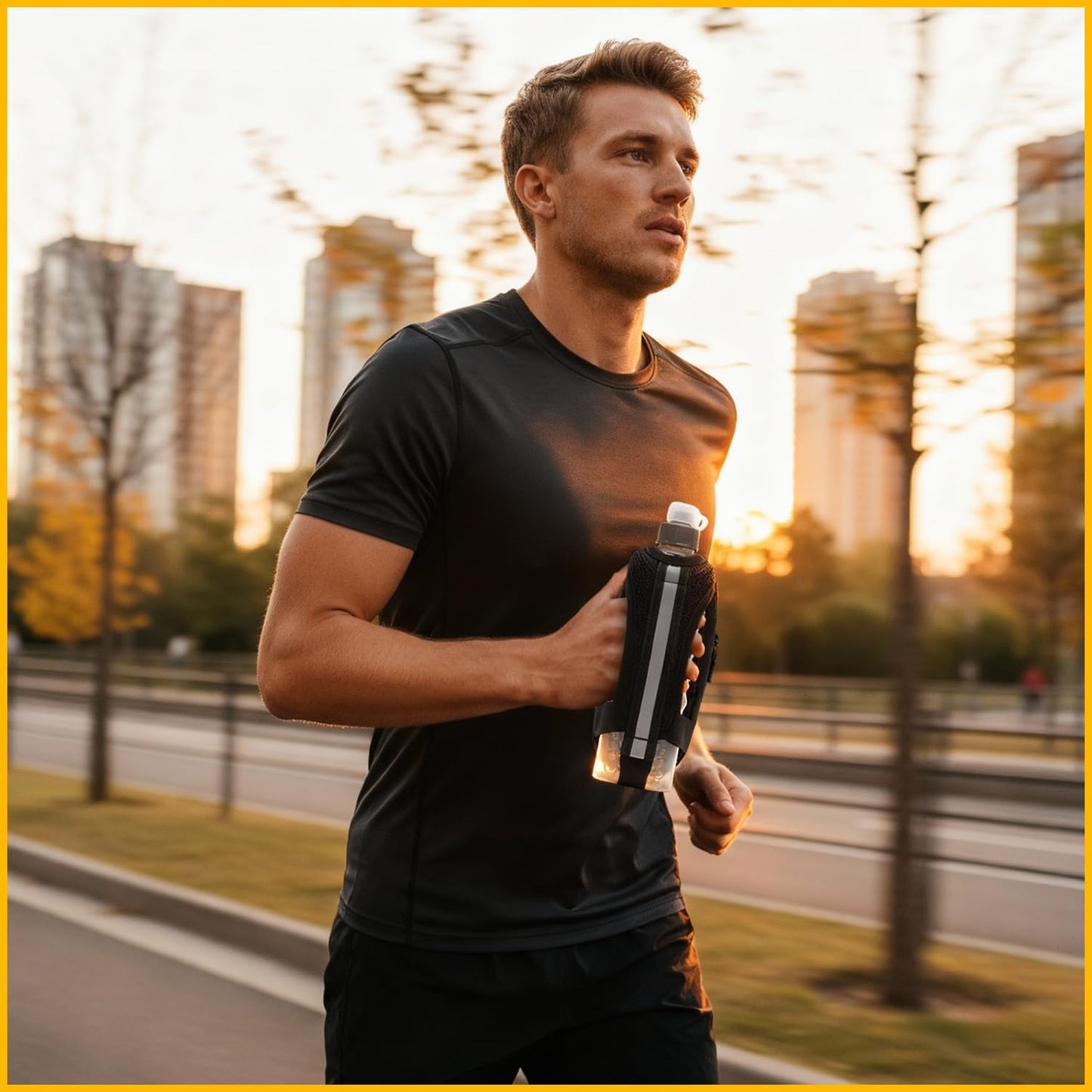 Handheld Running Water Bottle with Large Phone Holder – 12oz Grip-Free Hydration Flask with Pocket for Cards & Keys – Adjustable Strap for Walking, Running, Hiking