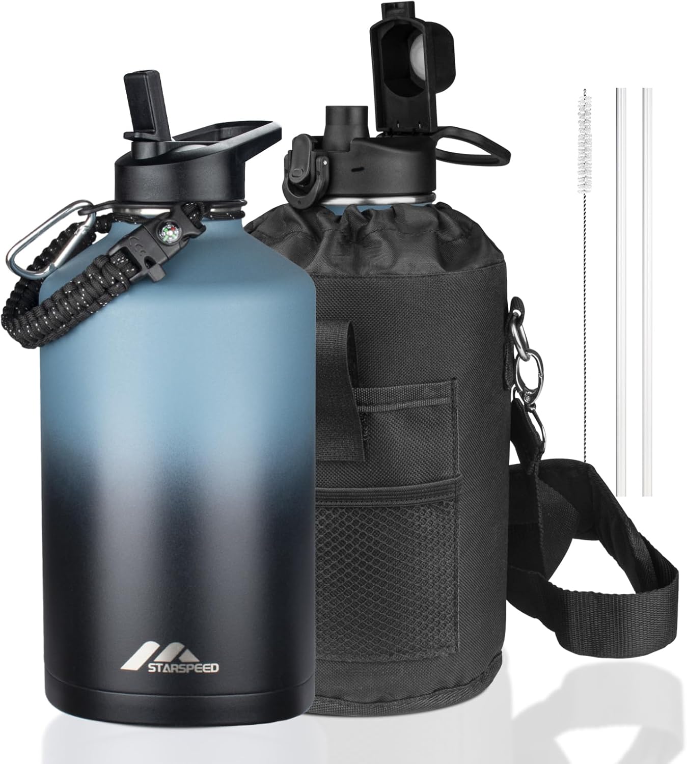 StarSpeed 32oz Insulated Water Bottle with Straw Lid, Stainless Steel Double Walled Vacuum Water Flask, Wide Mouth Sports Water Bottle for Gym Camping Hiking, Indigo Black