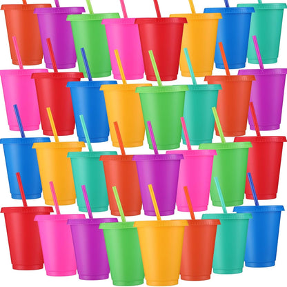 Sieral 30 Pack Cups with Lids and Straws Kids Tumbler with Straw Reusable Water Bottle Iced Coffee Travel Mug Adults Plastic Cups for Parties 16 oz (Candy Colors)