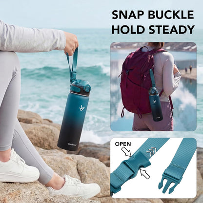 Enerbone 24 oz Insulated Water Bottle, Stainless Steel Bottle with Carrying Strap, Double-Wall Vacuum Insulation Design, Leakproof Sports Bottle with Straw, Keep Drinks Cold or Hot for Hours