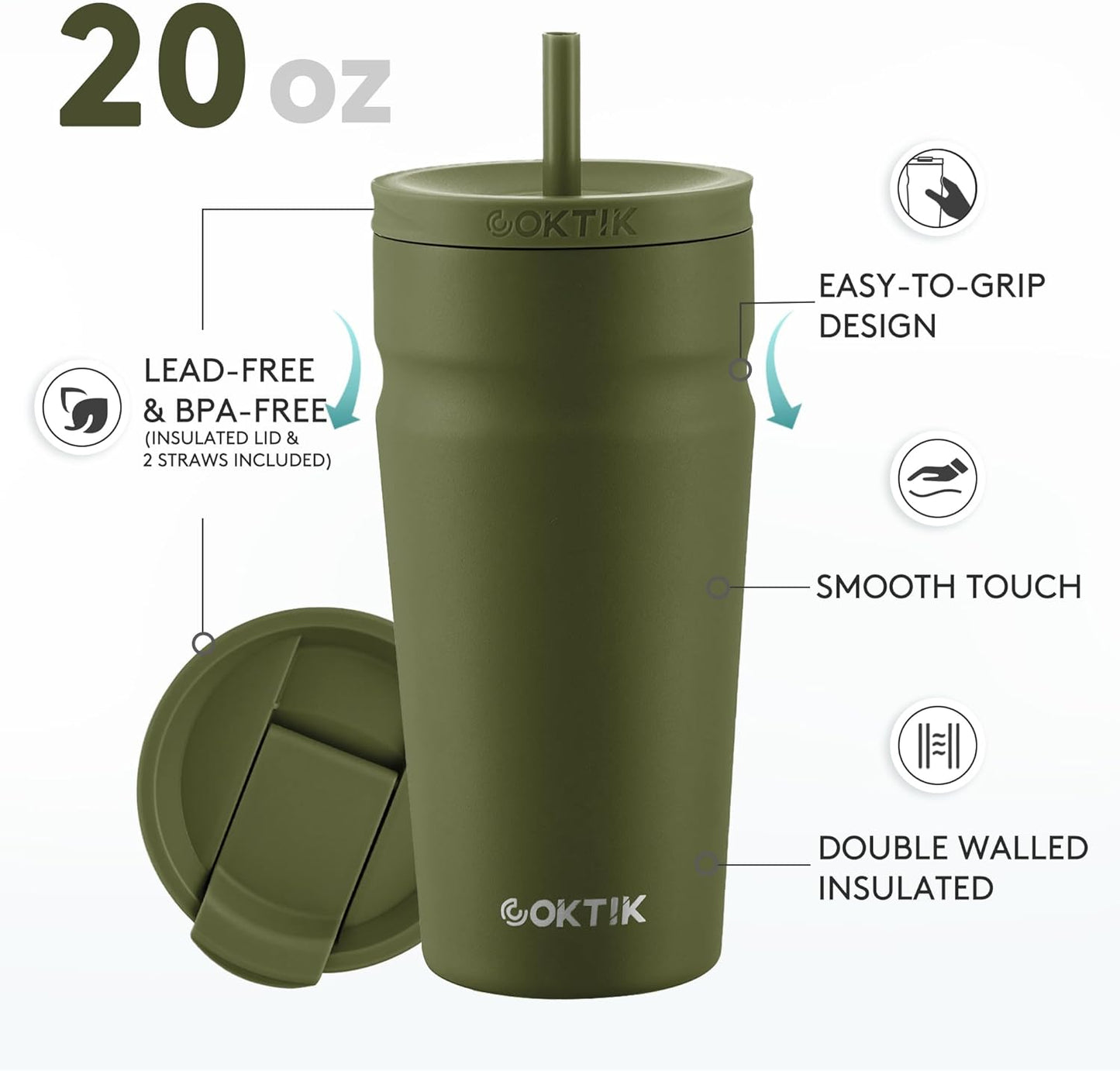COKTIK 24oz Insulated Tumbler with Lid and Straw Iced Coffee Cup Reusable Stainless Steel Travel Mug Water Bottle Cupholder Friendly for Women Men Her Him (Blush)