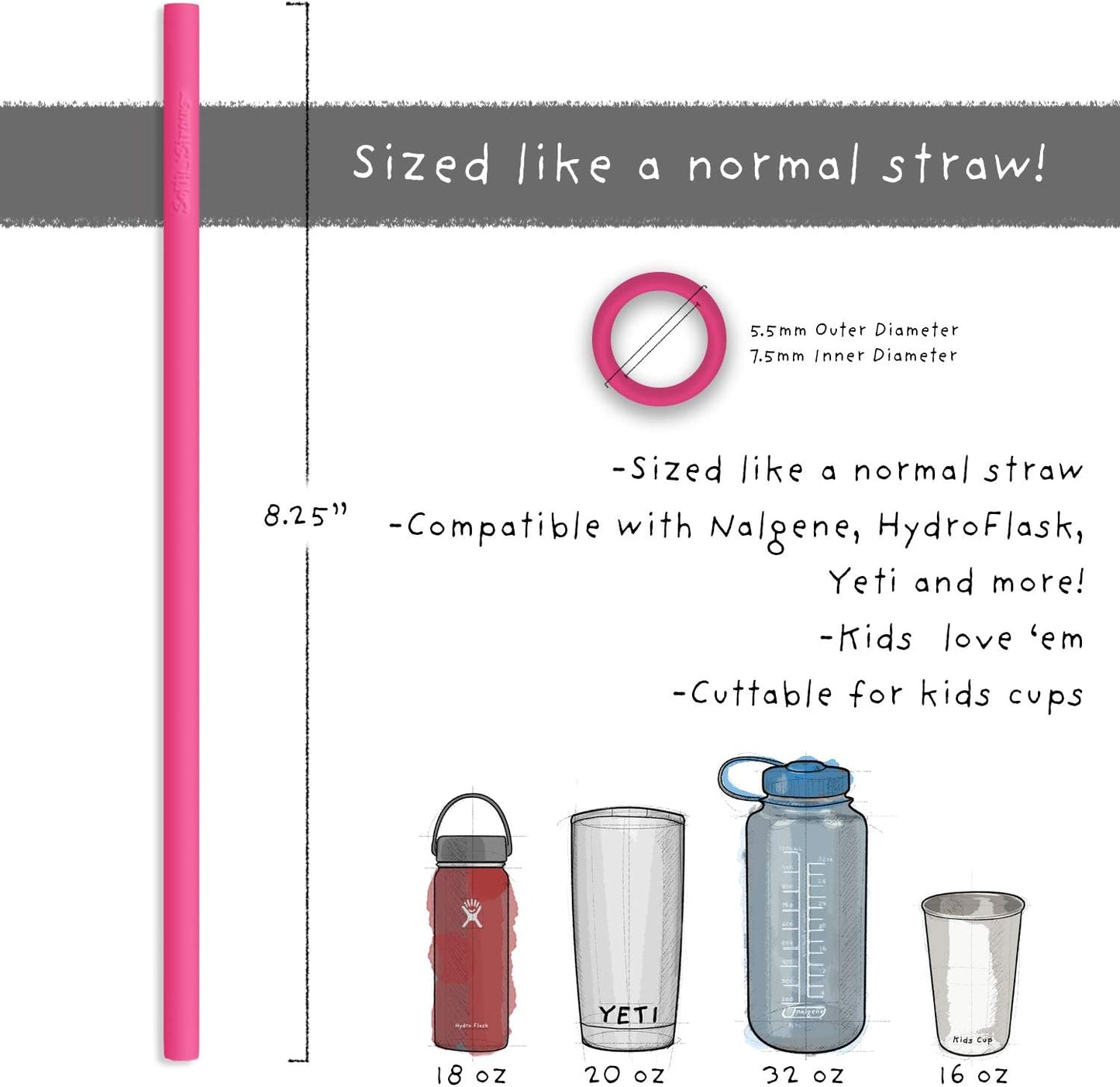 Silicone Straws - Slender Size BPA Free Non-Rubber Silicon Reusable Drinking Straws for Stainless Steel 20 oz Yeti Tumbler - Flexible, Chewy, Bendy & Safe for Kids/Toddlers