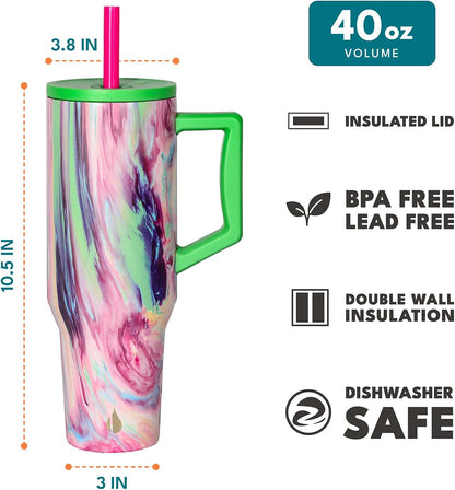 Elemental 32 oz 100% Leak Proof Tumbler with Handle & Straw - Stainless Steel Double Wall Insulated Tumbler for Hot and Cold Beverages - Travel Coffee Mug with Sip & Straw Lid - White - Colors B