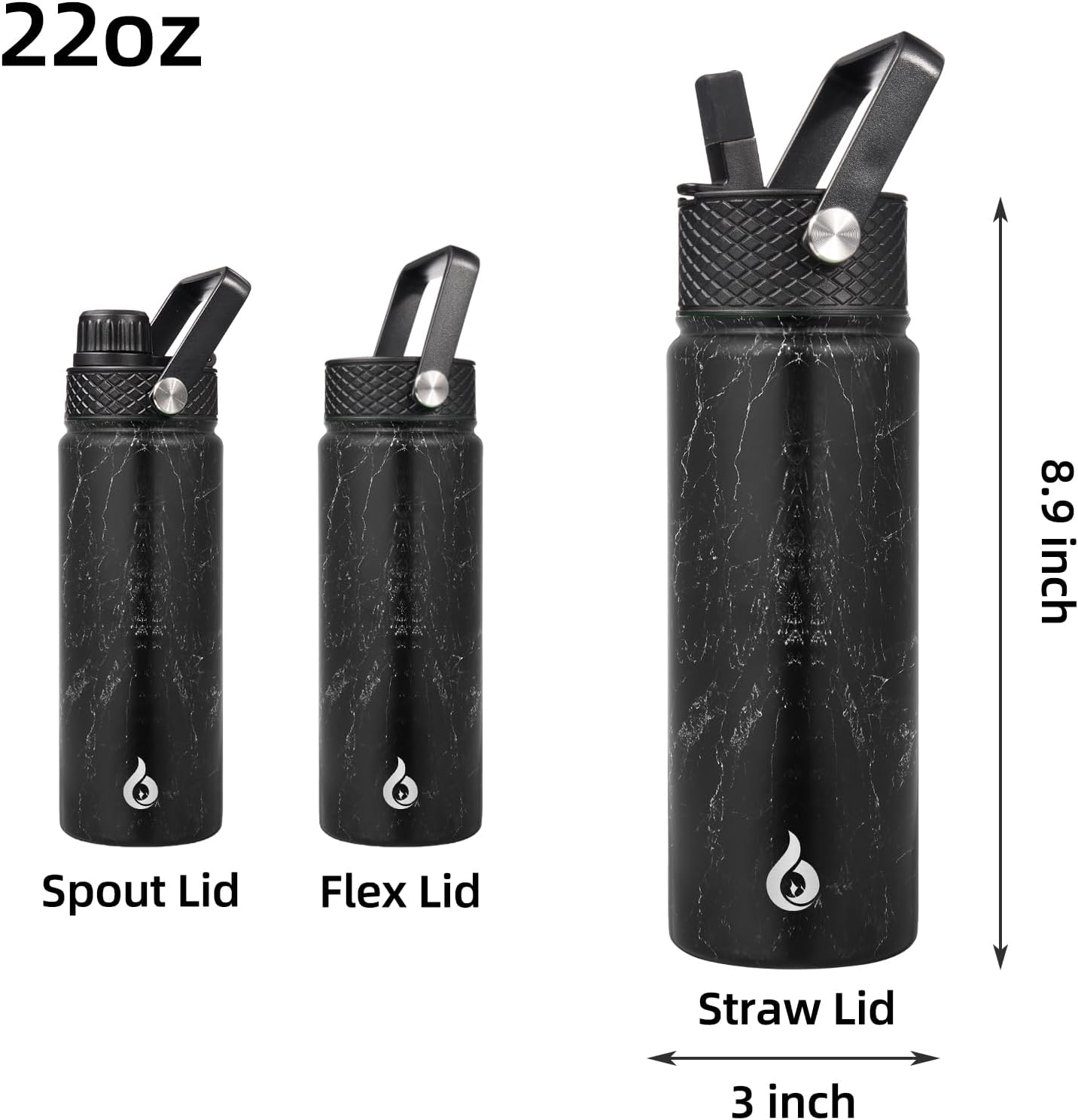 BJPKPK Insulated Water Bottles with Straw Lid, 40oz Stainless Steel Water Bottles with 3 Lids, BPA Free Leakproof Thermo, Tumblers, Cups for Sports, Gym- Midnight - Colors A