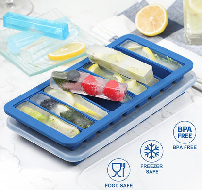 Koluti Nonstick Silicone 9 Ice Cubes Freezer Tray with Plastic Lid, 2-Pack Water Bottle Long Narrow Stick Ice Cube Mold Maker, Ideal for Sport Bottles, Cocktail and Whisky, Dishwasher Safe & BPA Free