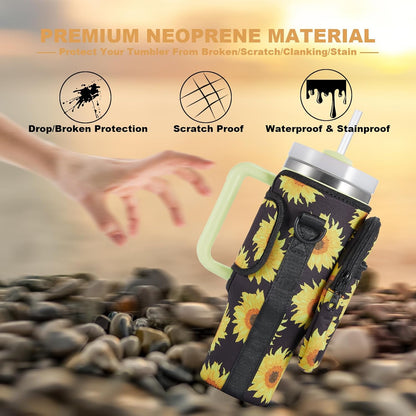 BULKITEM Water Bottle Carrier Bag with Phone Pocket for Stanley 40 & 30 oz Tumbler with Handle,Pink Insulated Neoprene Cup Holder Pouch w/Adjustable Strap for Quencher H2.0 Stanley Cup Accessories