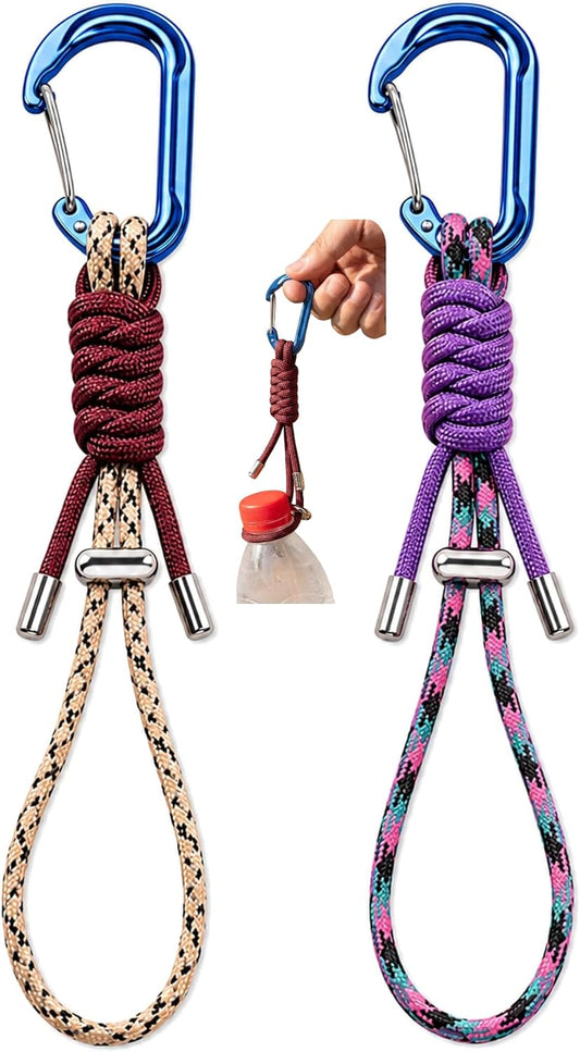 2 Pack Water Bottle Holder with Paracord Carabiner Clip, Adjustable Cinch Lanyard for Backpack Hiking Camping