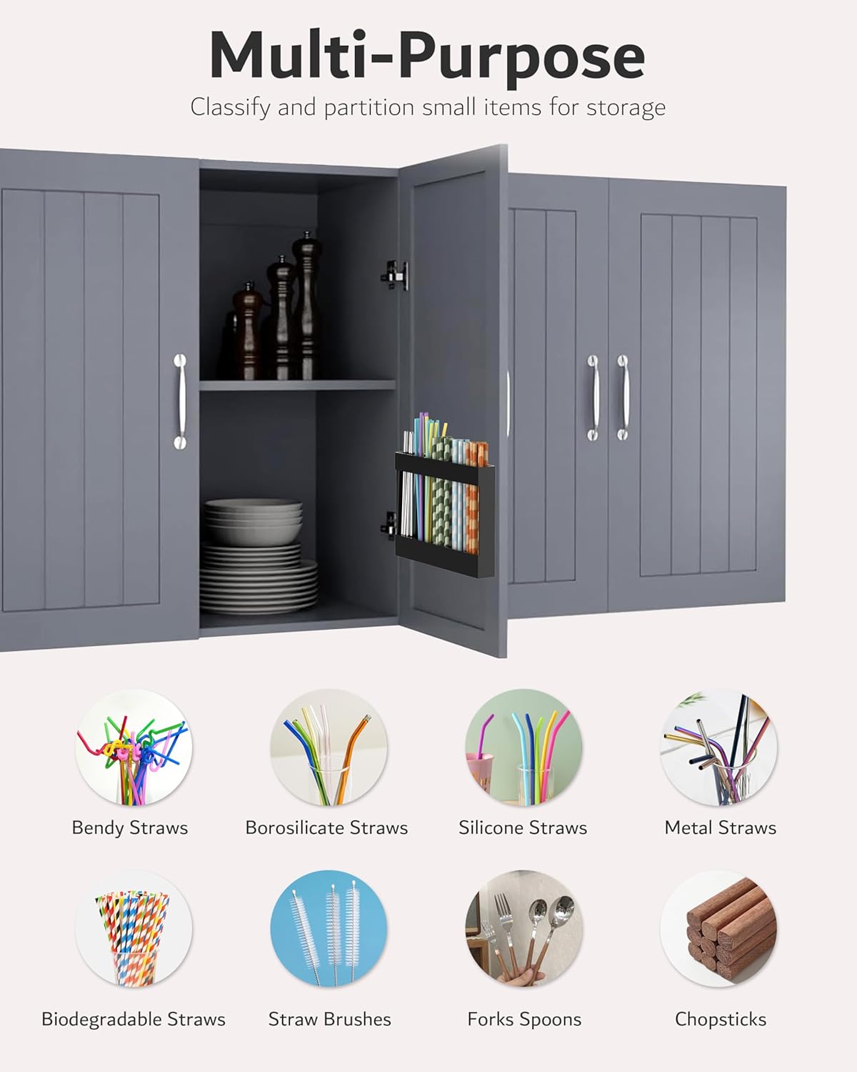 Upgraded 9.5'' Large Acrylic Straw Holder for Cabinet Door, Adjustable Space-Saving Straw Organizer Storage Dispenser for Cabinet with Ultra Sticky Adhesive Strips, 2-Part Rack, Drainage Holes