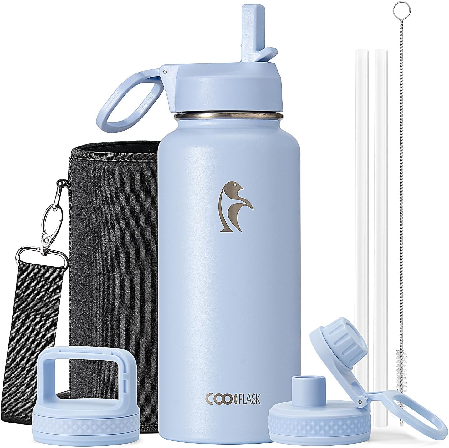 Half Gallon Water Bottle Insulated with Straw & 3 Lids, Coolflask 64 oz Water Jug Large Metal Stainless Steel Wide Mouth for Sports, Gym or Office, Non-BPA Keep Cold 48H Hot 24H, Samurai Cyan