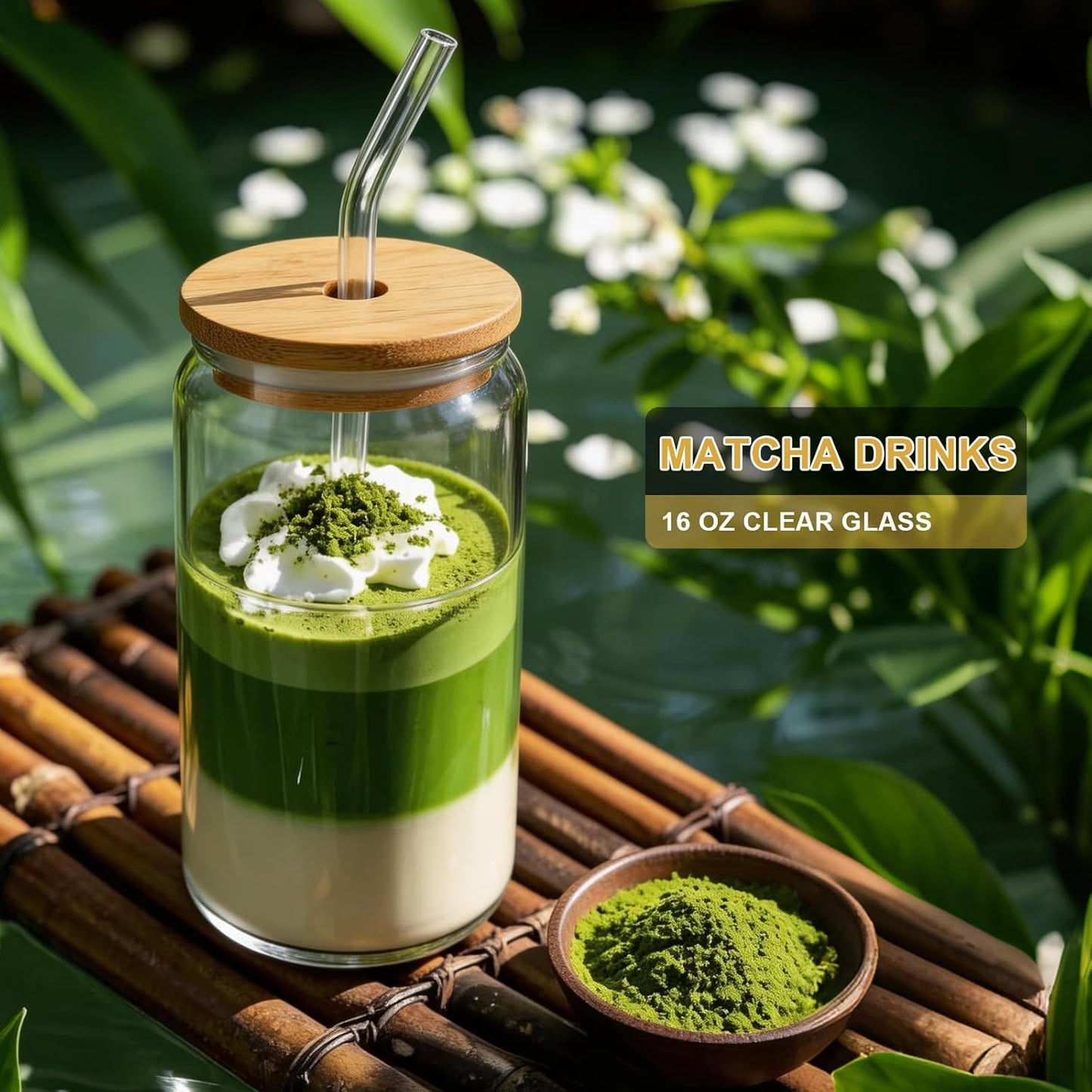 Glass Cups with Lids and Straws 1Pack,Glass Coffee Cups,Glass Cup with Lid for Iced Coffee,Smoothie,Cocktail,Beer,Whiskey,Soda,Matcha,16 Oz Glass Cup with Bamboo Lid,1 Brush
