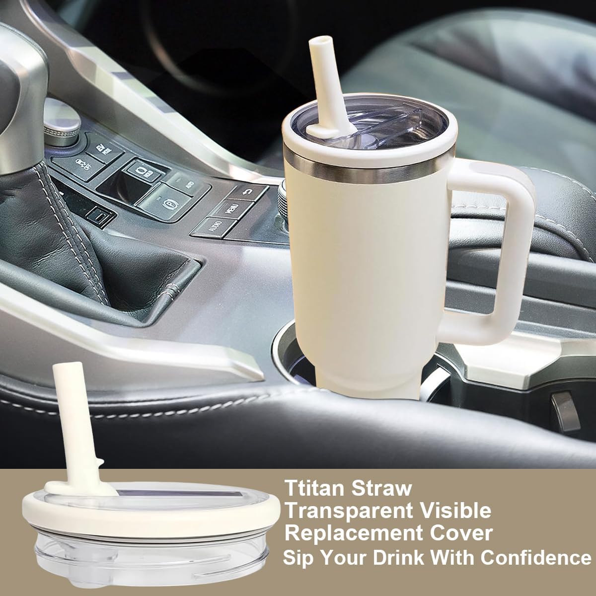 40 oz Tumbler Lid Replacement Leak Proof Spill Proof Flip Straw for Stanley Lid, 40oz Cup Lid (2 Pack Beige)