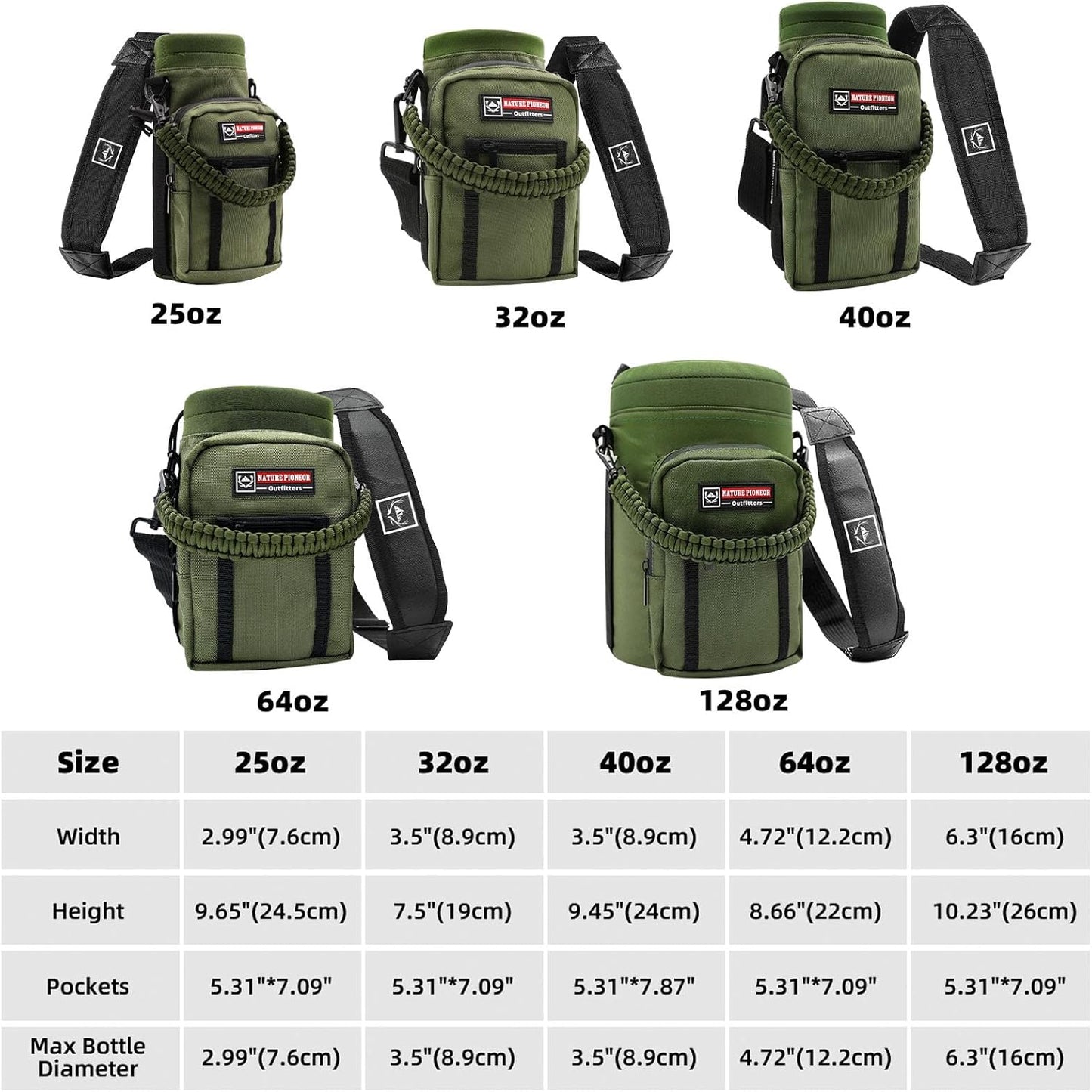 NATURE PIONEOR Water Bottle Holder with Adjustable Strap - 26/32/36/40/46/64oz Insulated Water Bottle Sling Carrier with Paracord Handle & 2 Pockets, Outdoor Sports, Hiking, Camping, Gym