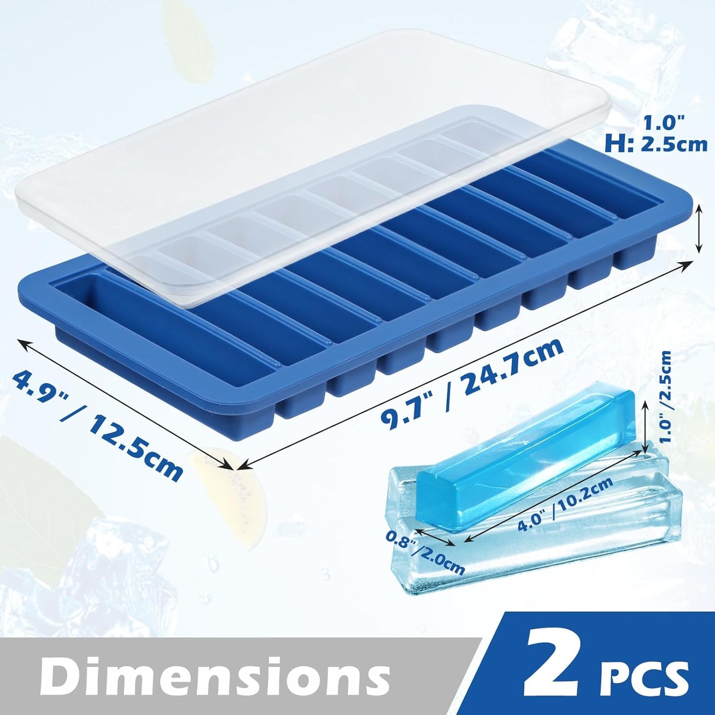 Koluti Nonstick Silicone 9 Ice Cubes Freezer Tray with Plastic Lid, 2-Pack Water Bottle Long Narrow Stick Ice Cube Mold Maker, Ideal for Sport Bottles, Cocktail and Whisky, Dishwasher Safe & BPA Free