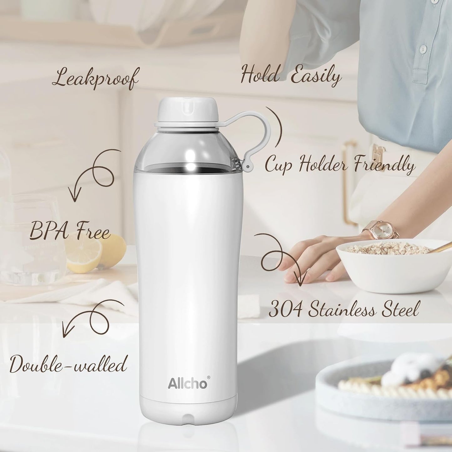 Allcho Insulated Water Bottle for Women, 18oz Stainless Steel Leak Proof Tumbler with 2 Lids, BPA-Free Tritan Chug & Straw Lid, Double Wall Vacuum Flask