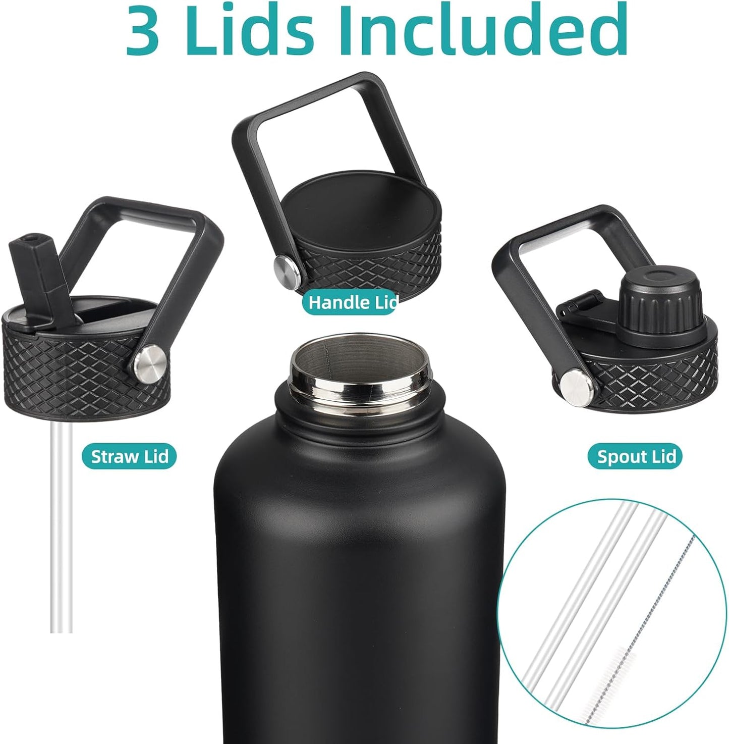Konokyo 22oz Stainless Steel Bottles with 3 Lids Sport Insulated Water Bottle,Mint